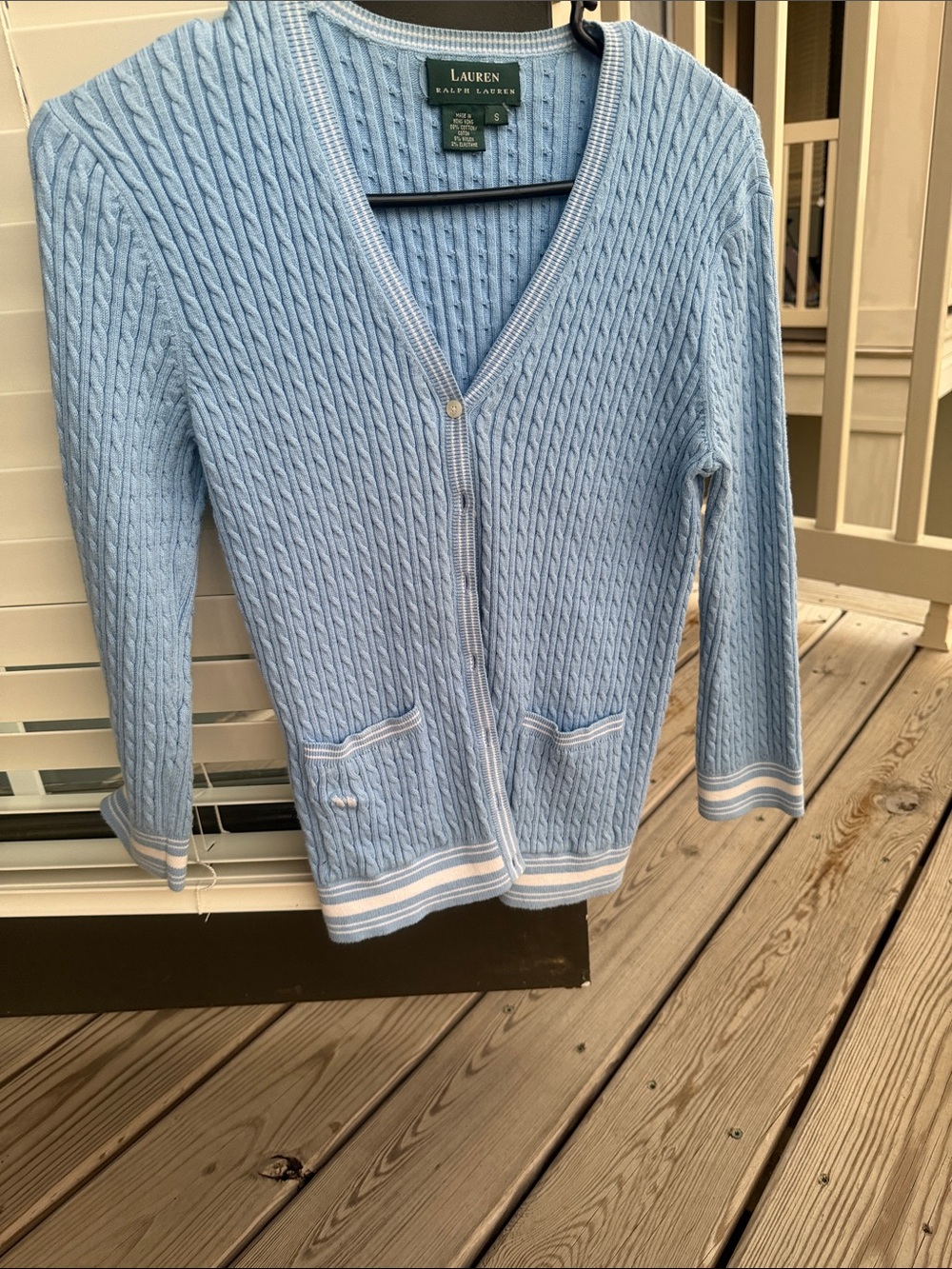Lauren Ralph Lauren Pastel Blue Cable Knit Button Cardigan with White Trim